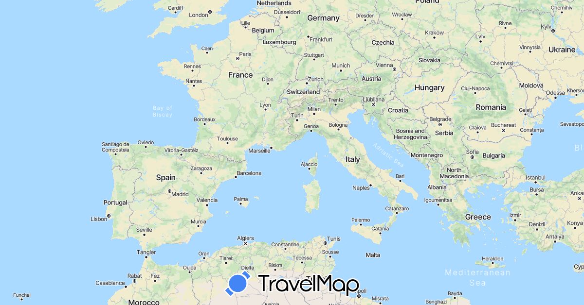 TravelMap itinerary: driving, bus, plane, cycling, train, hiking, boat in Albania, Bosnia and Herzegovina, Spain, France, Greece, Croatia, Italy, Montenegro, Portugal (Europe)